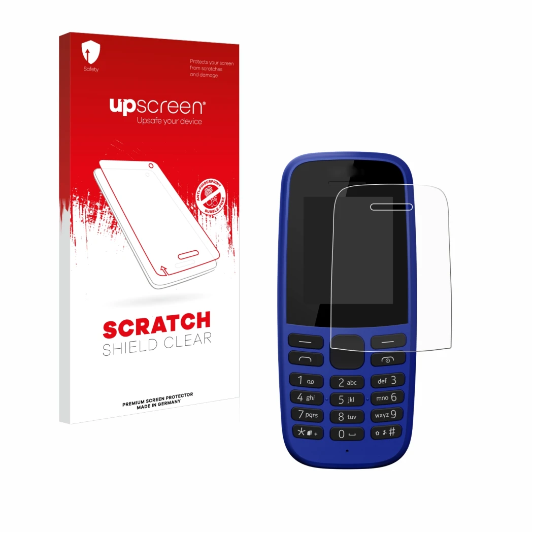 Face avant d’un emballage produit avec le logo de la marque upscreen. À côté, l’appareil Nokia 105 DS 2019 est représenté avec