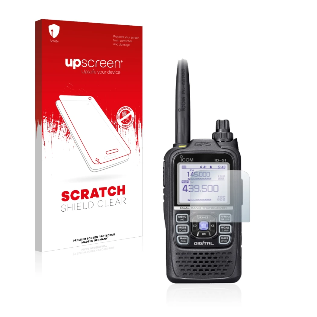 Face avant d’un emballage produit avec le logo de la marque upscreen. À côté, l’appareil Icom ID-51E Plus 2 est représenté ave