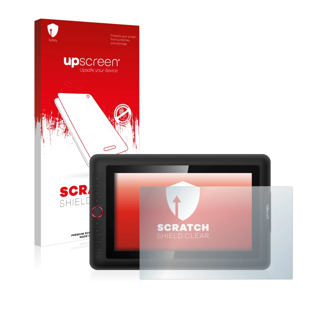 Face avant d’un emballage produit avec le logo de la marque upscreen. À côté, l’appareil XP-Pen Artist 13.3 Pro est représenté