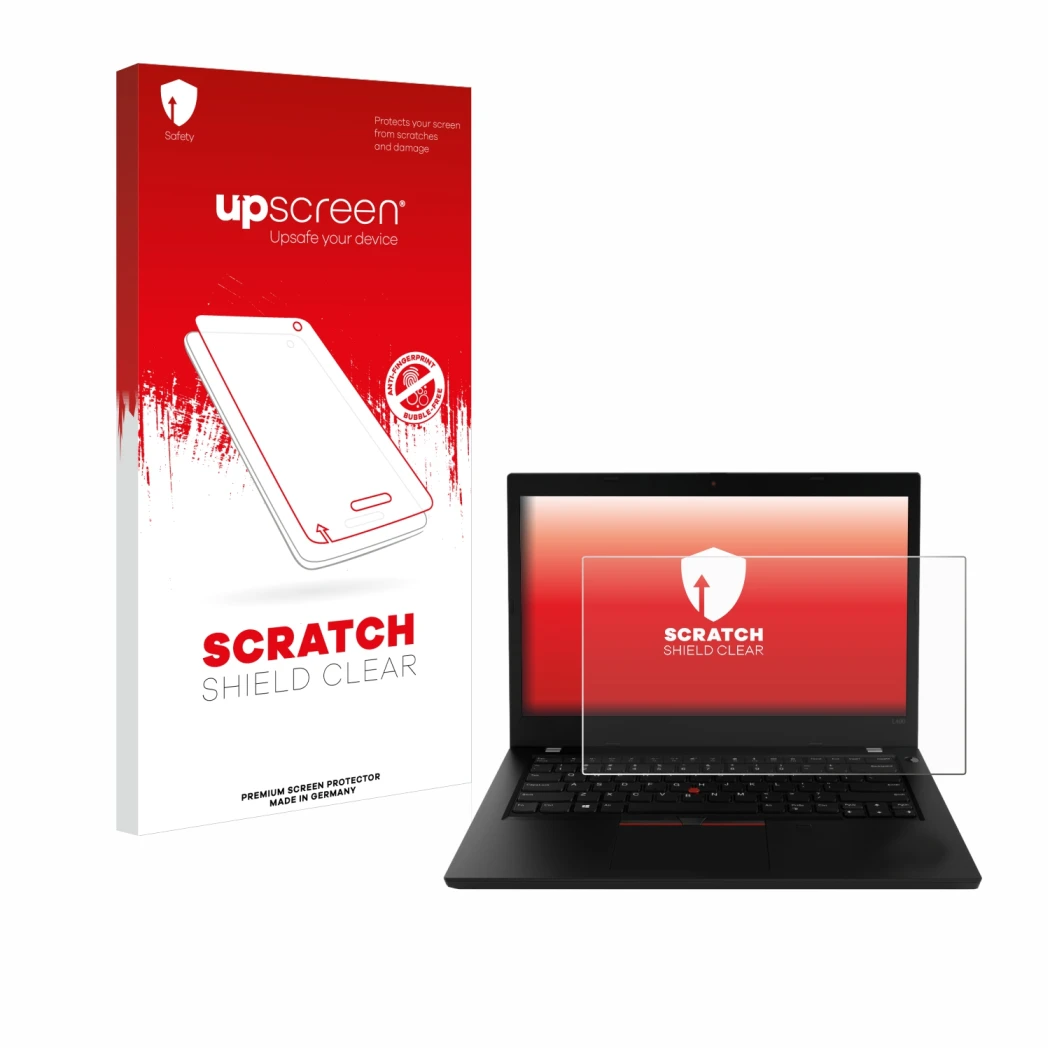 Face avant d’un emballage produit avec le logo de la marque upscreen. À côté, l’appareil Lenovo ThinkPad L490 est représenté a