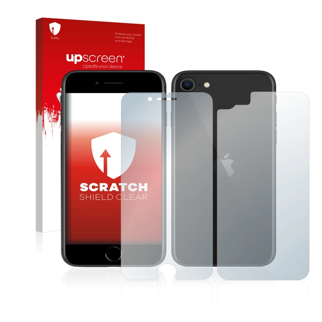 Face avant d’un emballage produit avec le logo de la marque upscreen. À côté, l’appareil Apple iPhone SE 2 2020 (Avant+Arrière