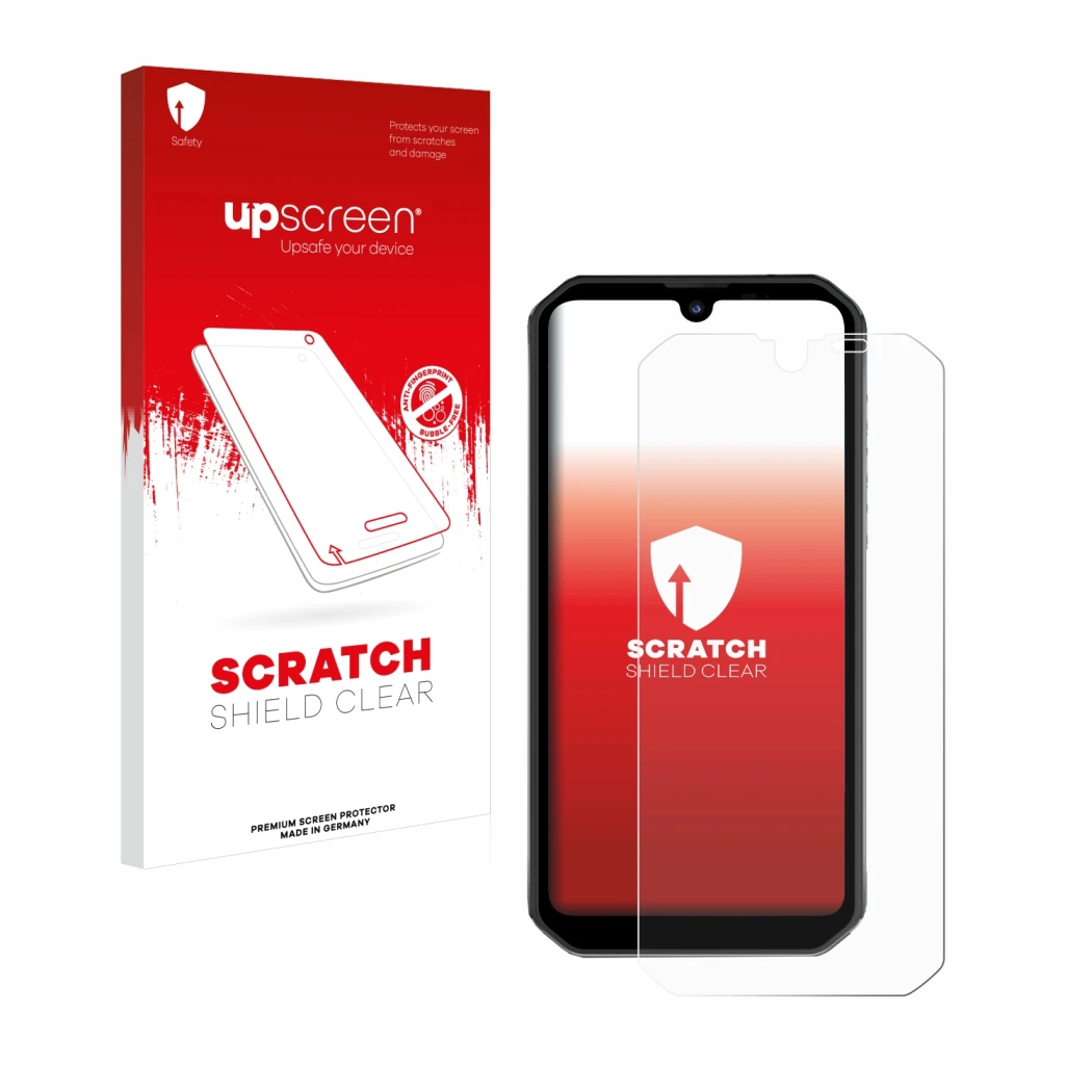 Face avant d’un emballage produit avec le logo de la marque upscreen. À côté, l’appareil Blackview BV9900 Pro est représenté a