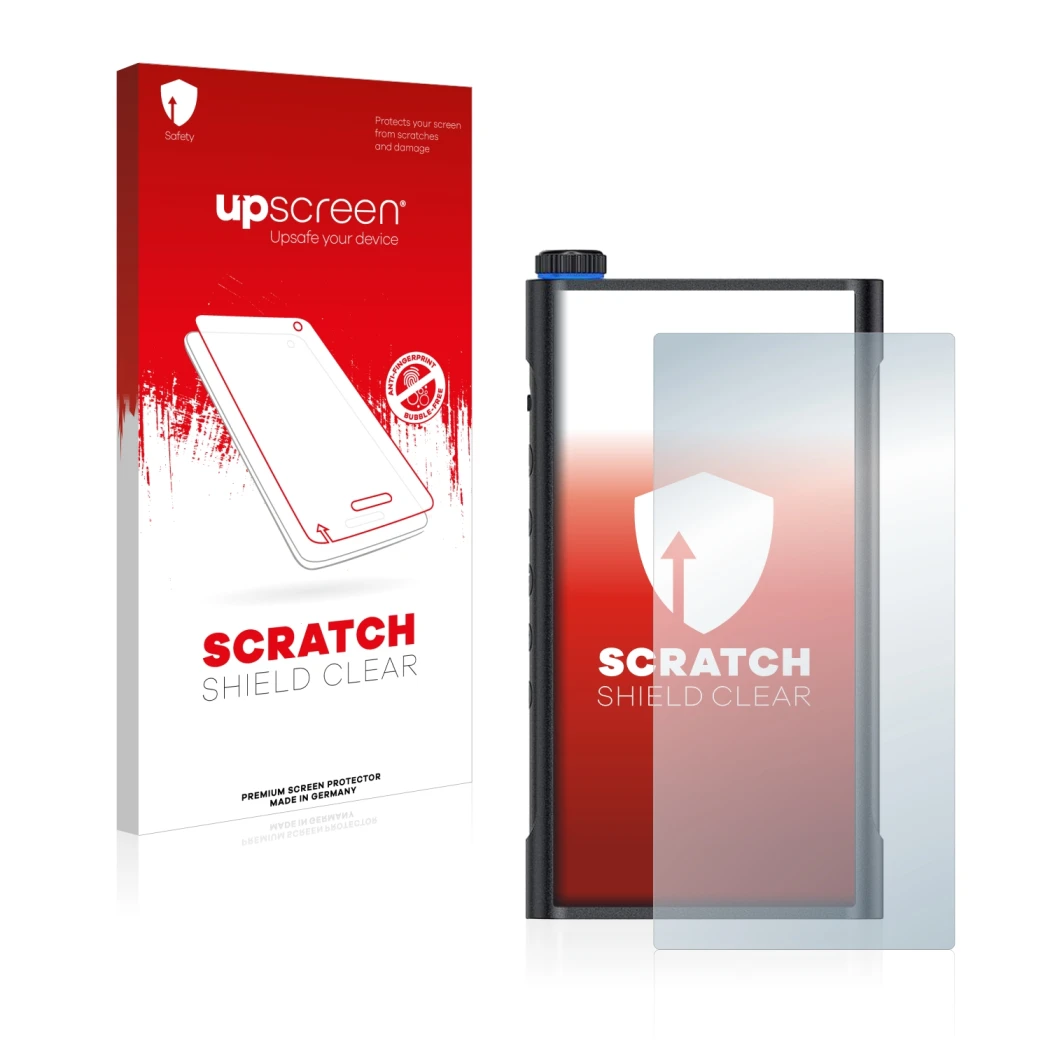 Face avant d’un emballage produit avec le logo de la marque upscreen. À côté, l’appareil FiiO M15 est représenté avec la prote