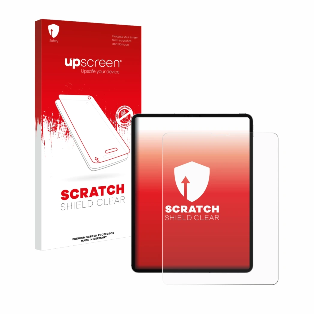 Face avant d’un emballage produit avec le logo de la marque upscreen. À côté, l’appareil Apple iPad 12.9