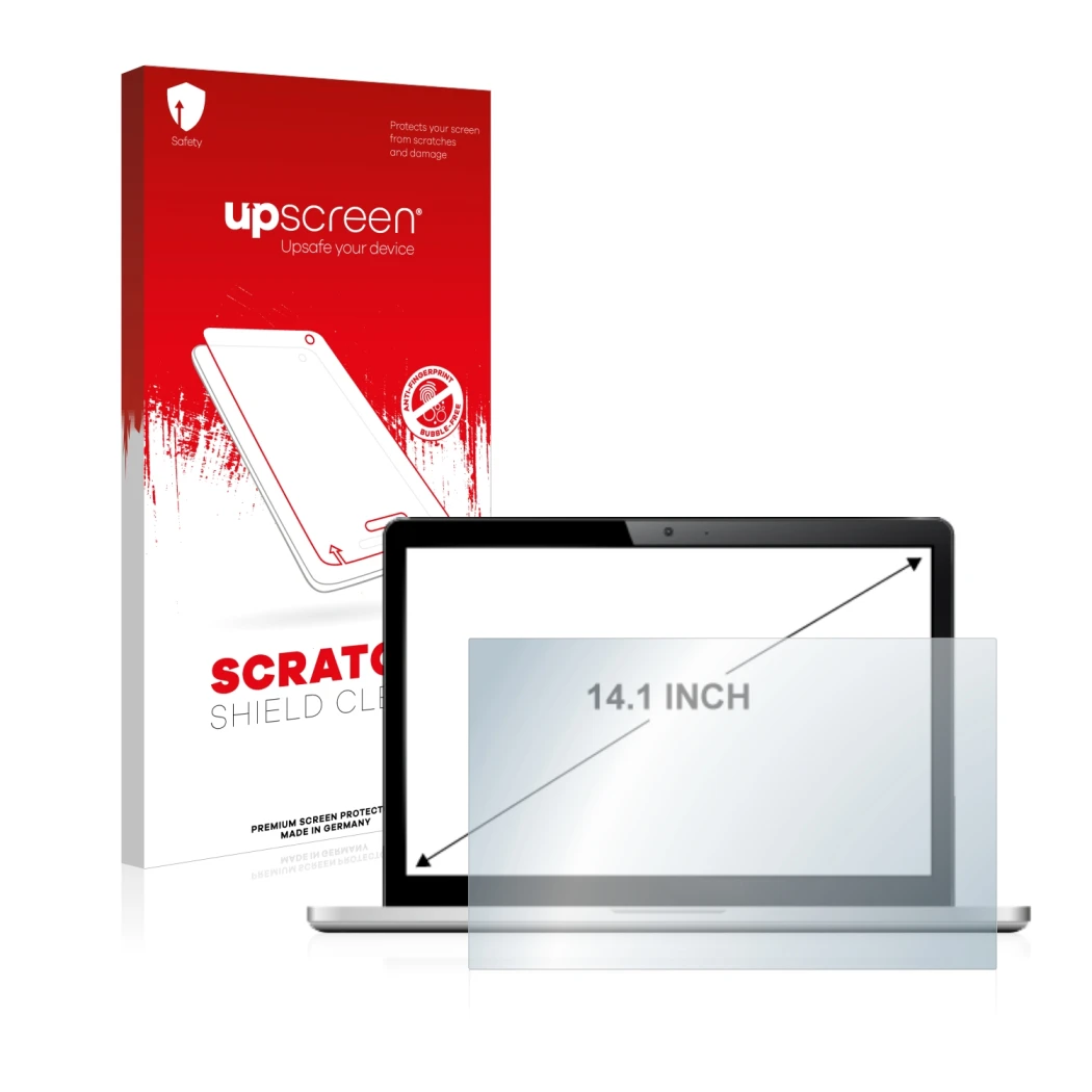 Face avant d’un emballage produit avec le logo de la marque upscreen. À côté, l’appareil est représenté avec la protection d’é