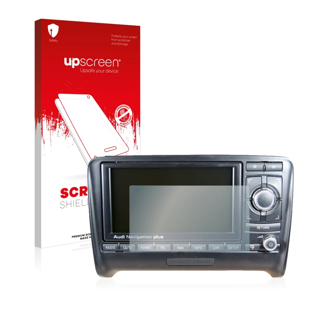 Face avant d’un emballage produit avec le logo de la marque upscreen. À côté, l’appareil Audi A3 8P 2004-2012 RNS-E est représ