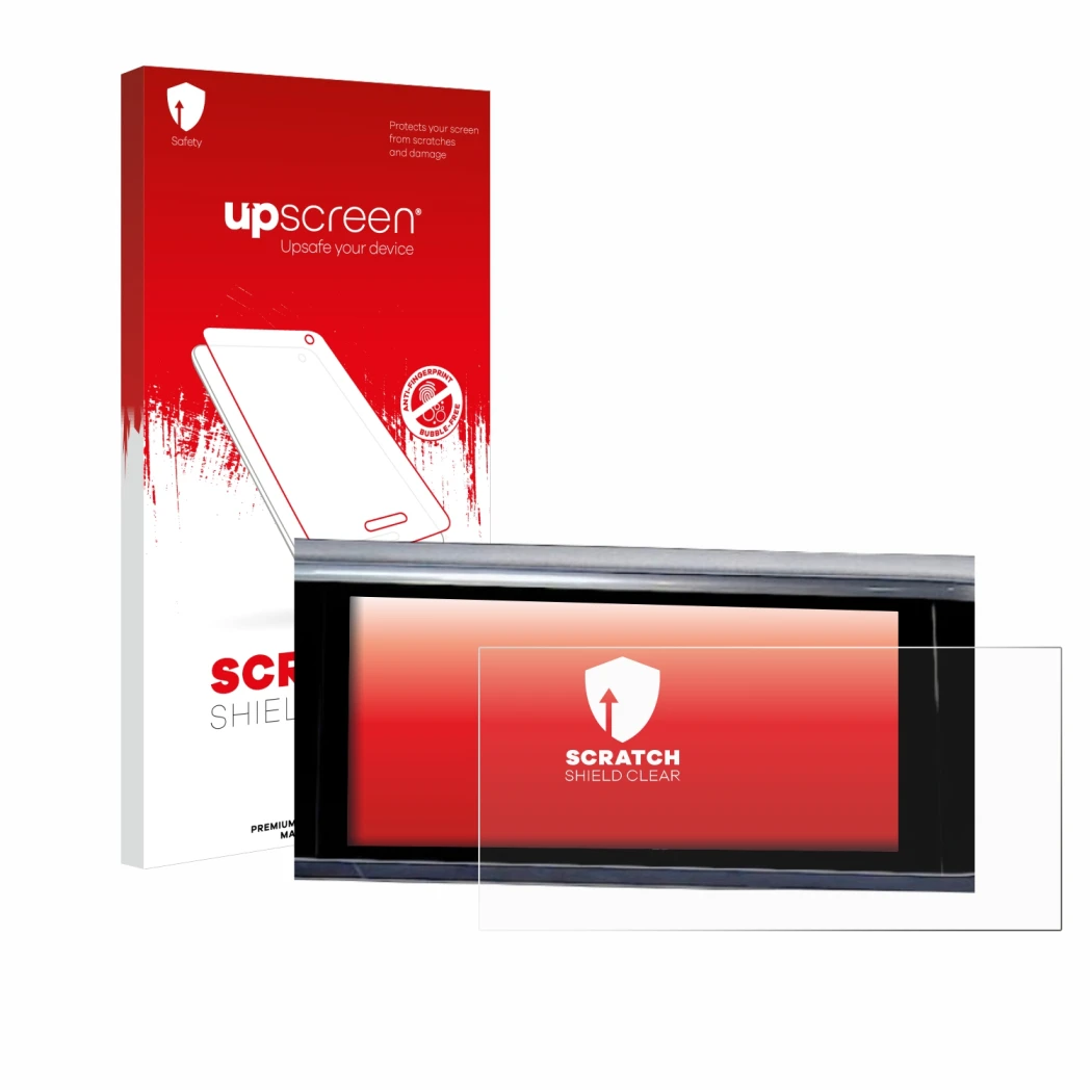 Face avant d’un emballage produit avec le logo de la marque upscreen. À côté, l’appareil Audi A6 2018 MMI Navigation Plus 10.1