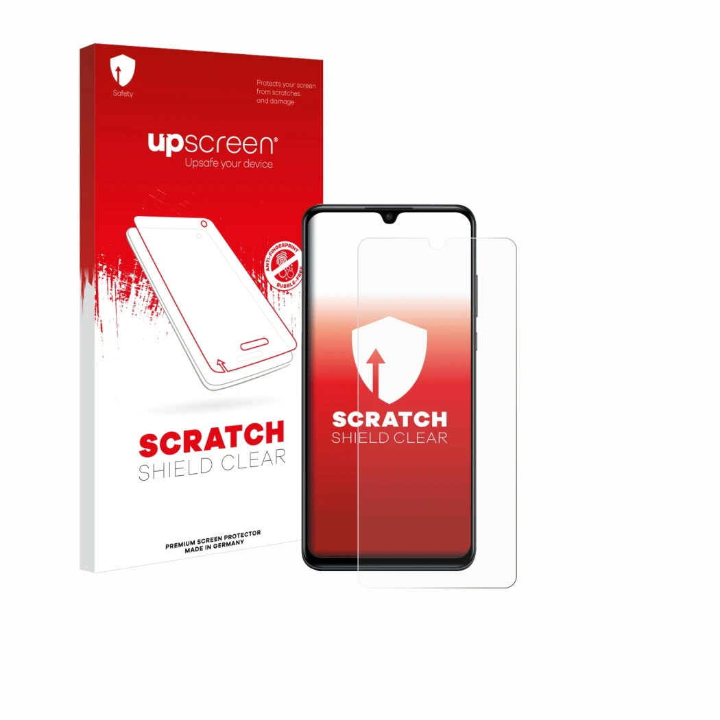 Face avant d’un emballage produit avec le logo de la marque upscreen. À côté, l’appareil Huawei P30 lite New Edition est repré