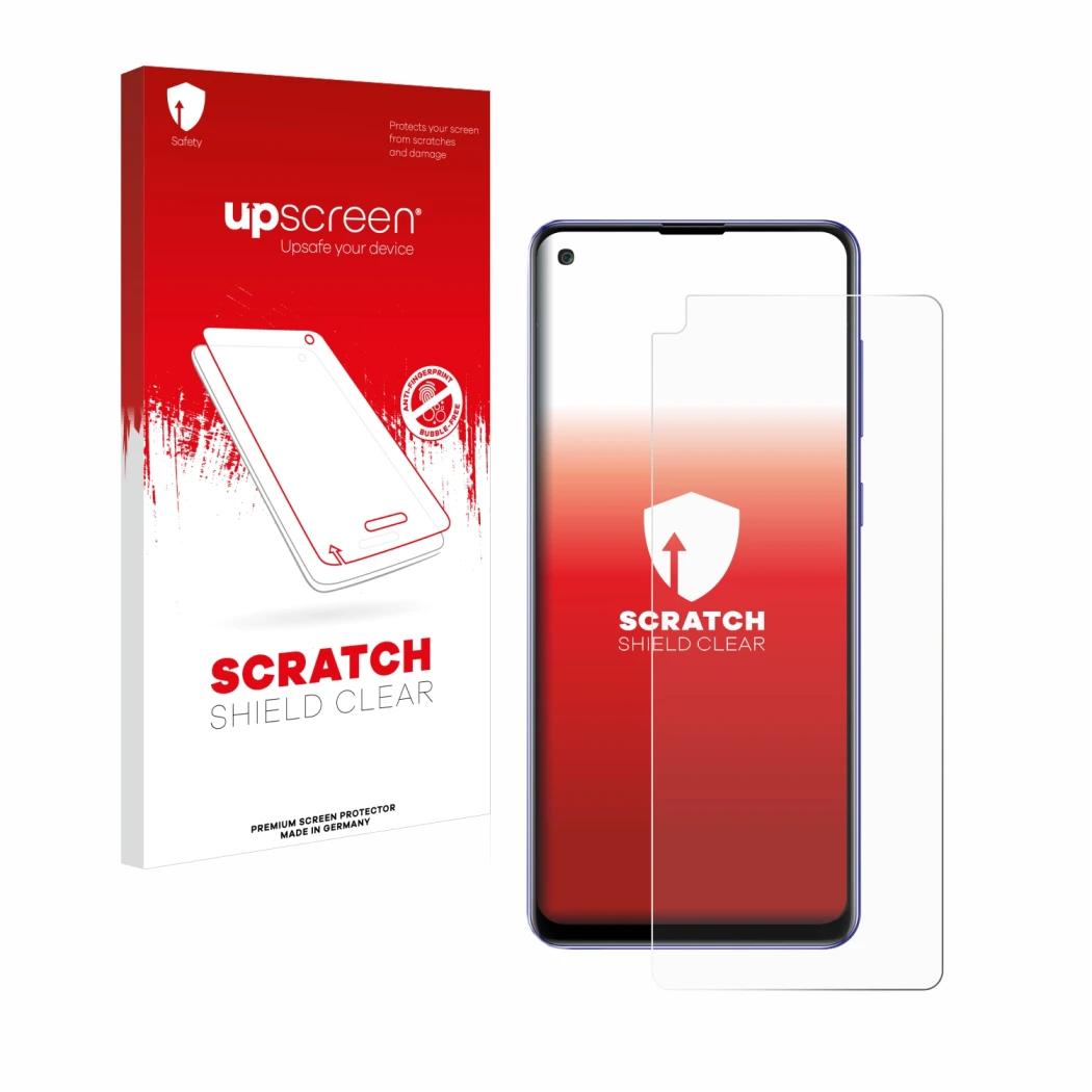 Face avant d’un emballage produit avec le logo de la marque upscreen. À côté, l’appareil Samsung Galaxy A21s est représenté av