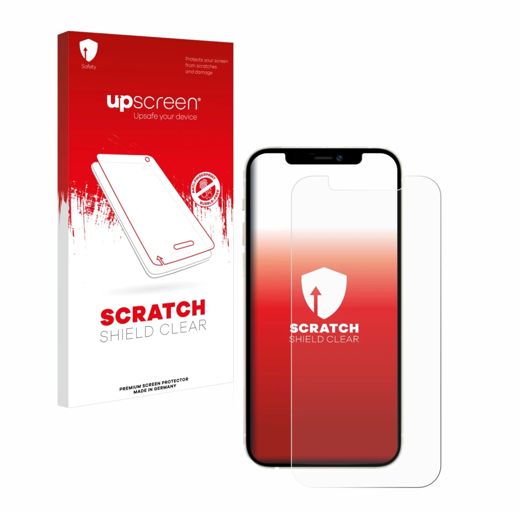Face avant d’un emballage produit avec le logo de la marque upscreen. À côté, l’appareil Apple iPhone 12 est représenté avec l