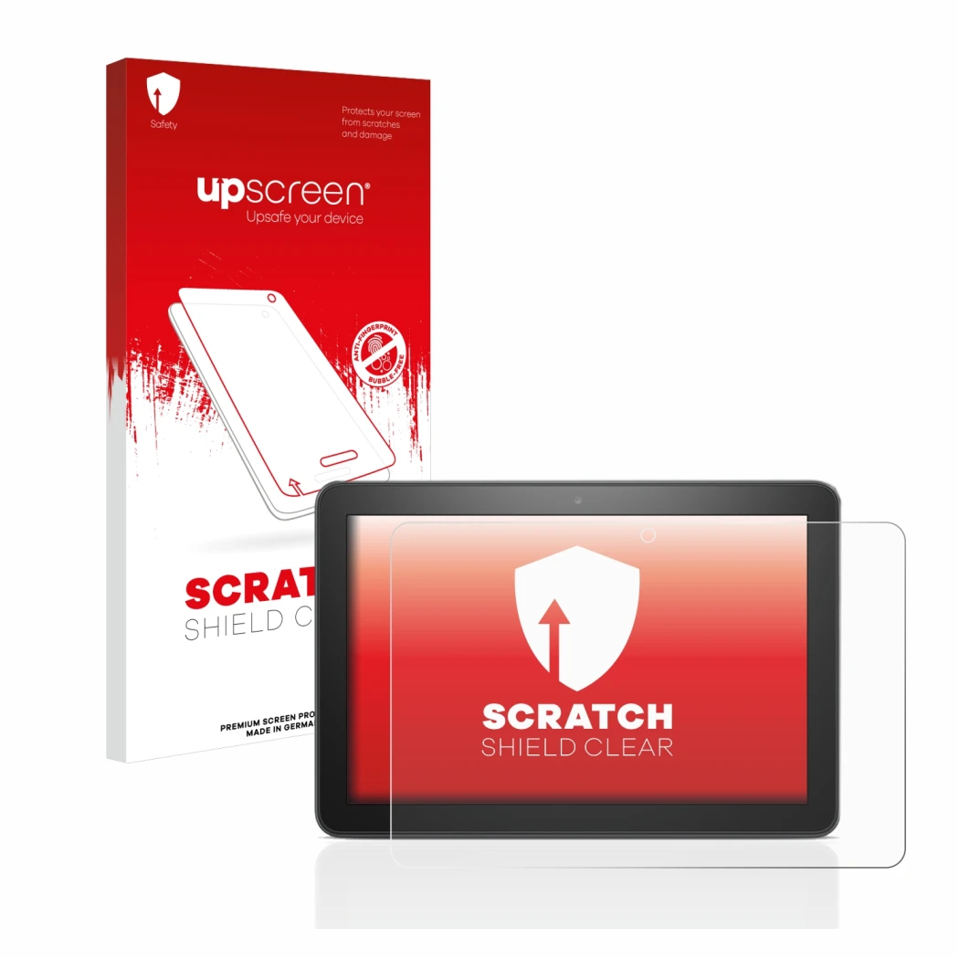 Face avant d’un emballage produit avec le logo de la marque upscreen. À côté, l’appareil Amazon Fire HD 8 2020 (10ème Gen.) es