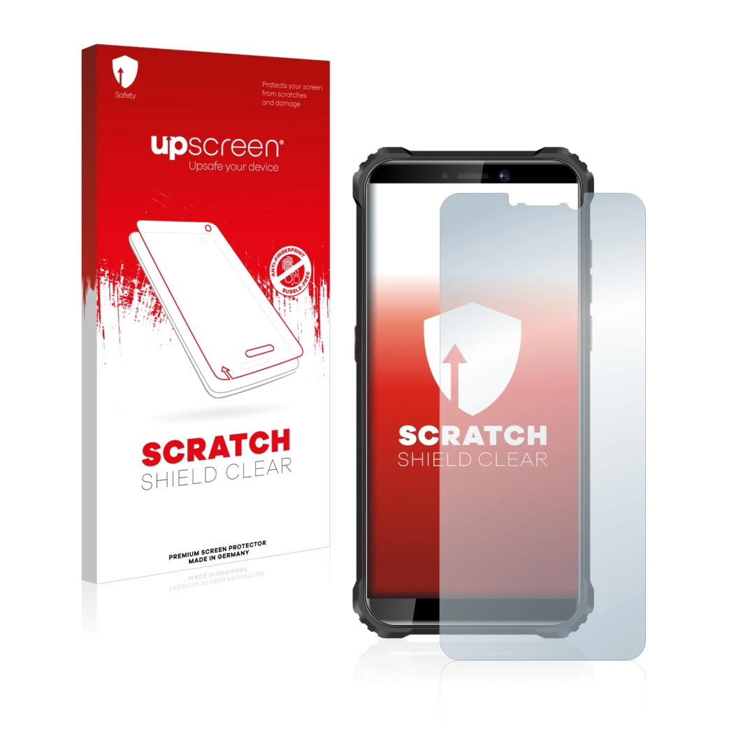 Face avant d’un emballage produit avec le logo de la marque upscreen. À côté, l’appareil Oukitel WP5 est représenté avec la pr