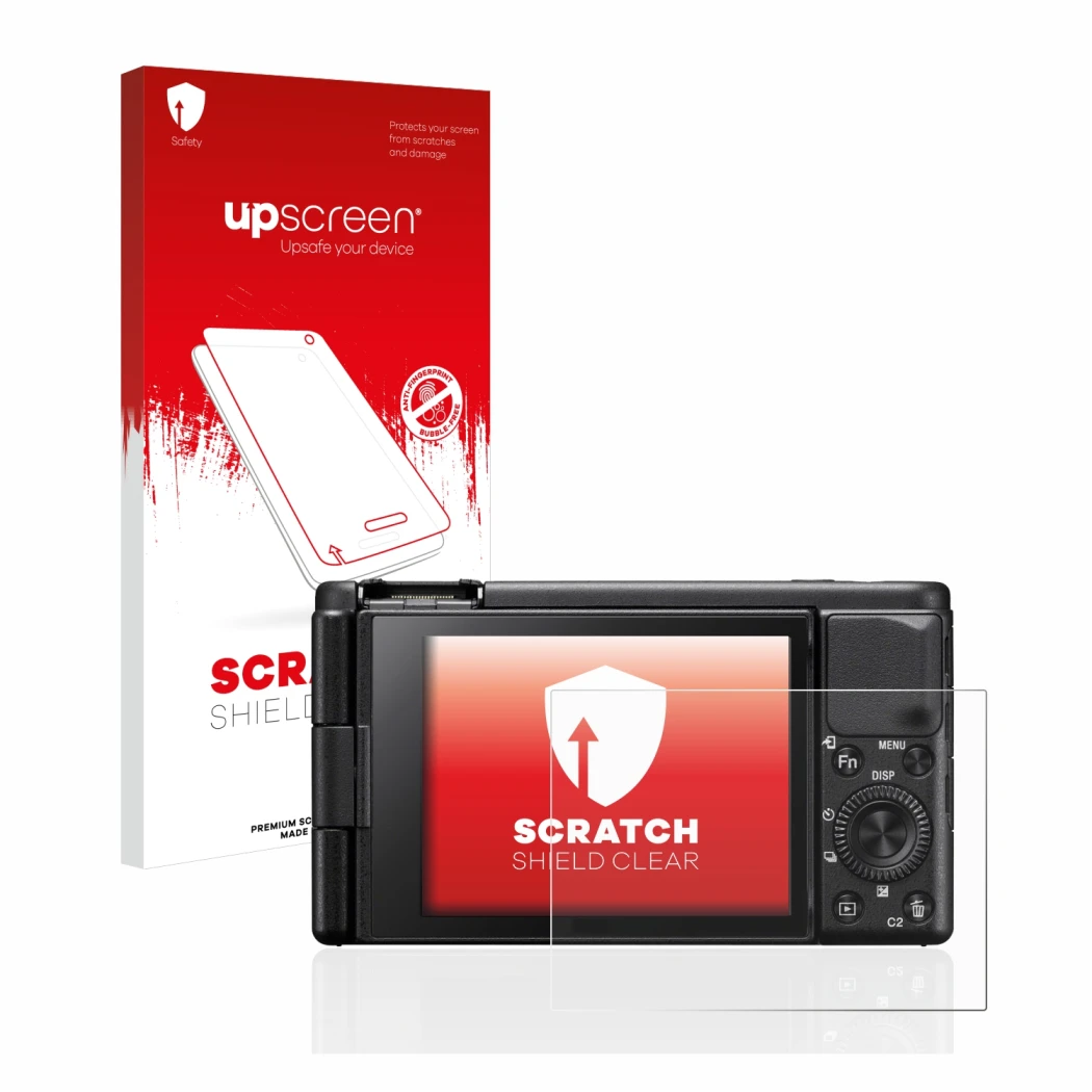 Face avant d’un emballage produit avec le logo de la marque upscreen. À côté, l’appareil Sony ZV-1 est représenté avec la prot