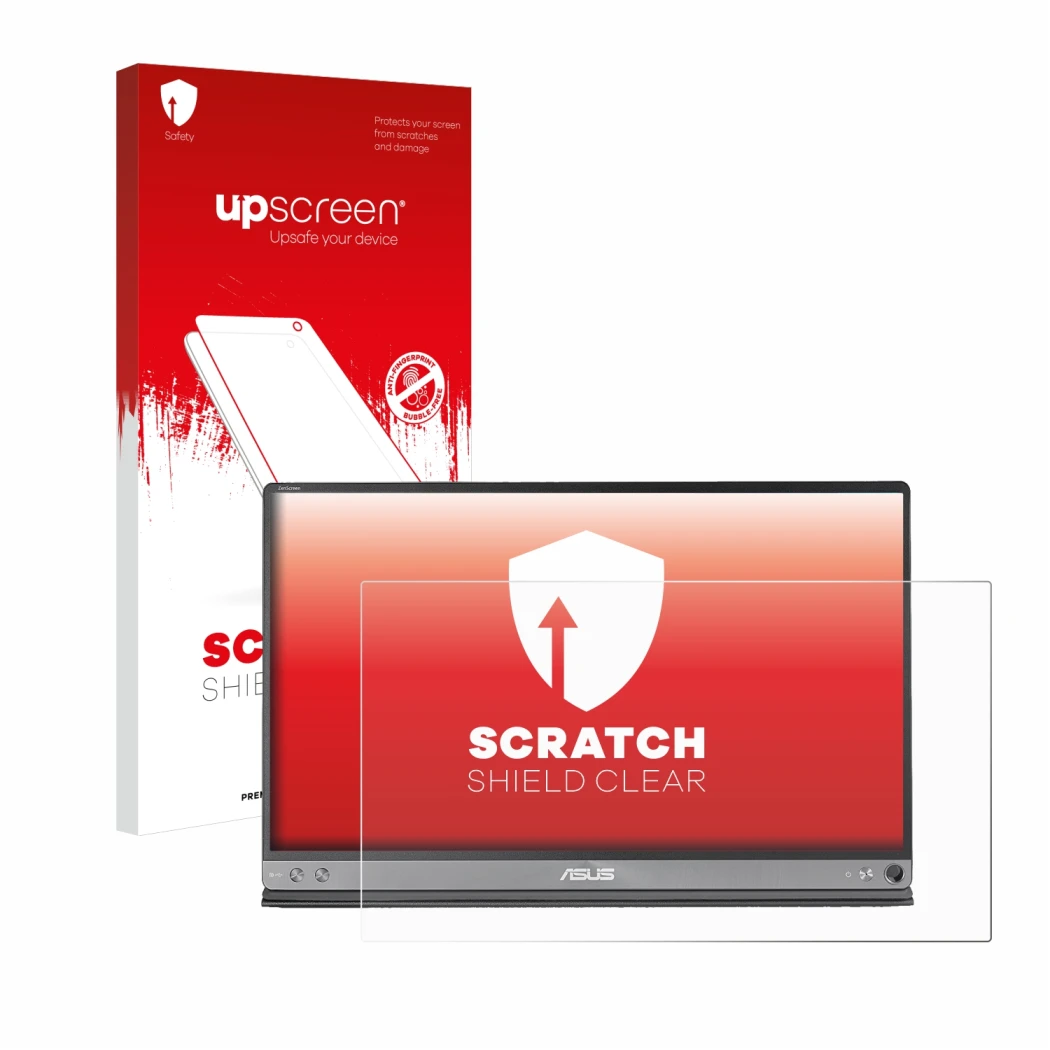 Face avant d’un emballage produit avec le logo de la marque upscreen. À côté, l’appareil ASUS ZenScreen MB16AC est représenté