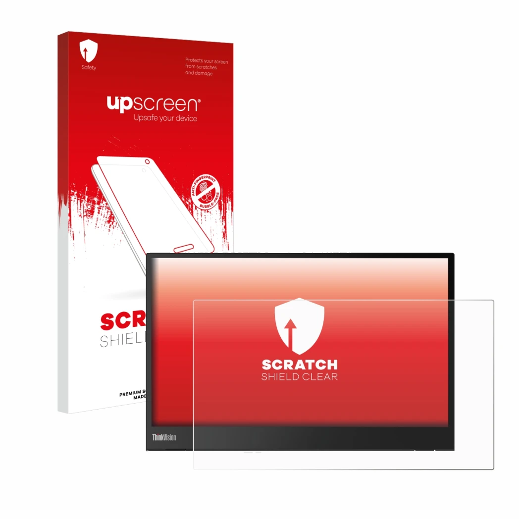 Face avant d’un emballage produit avec le logo de la marque upscreen. À côté, l’appareil Lenovo ThinkVision M14 16:9 est repré