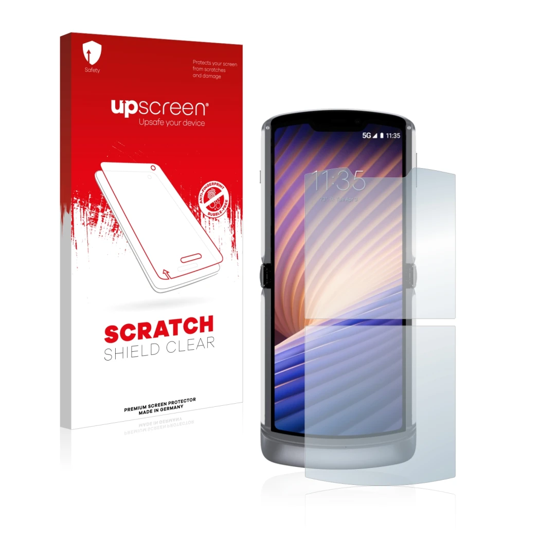 Face avant d’un emballage produit avec le logo de la marque upscreen. À côté, l’appareil Motorola Razr 5G 2020 est représenté