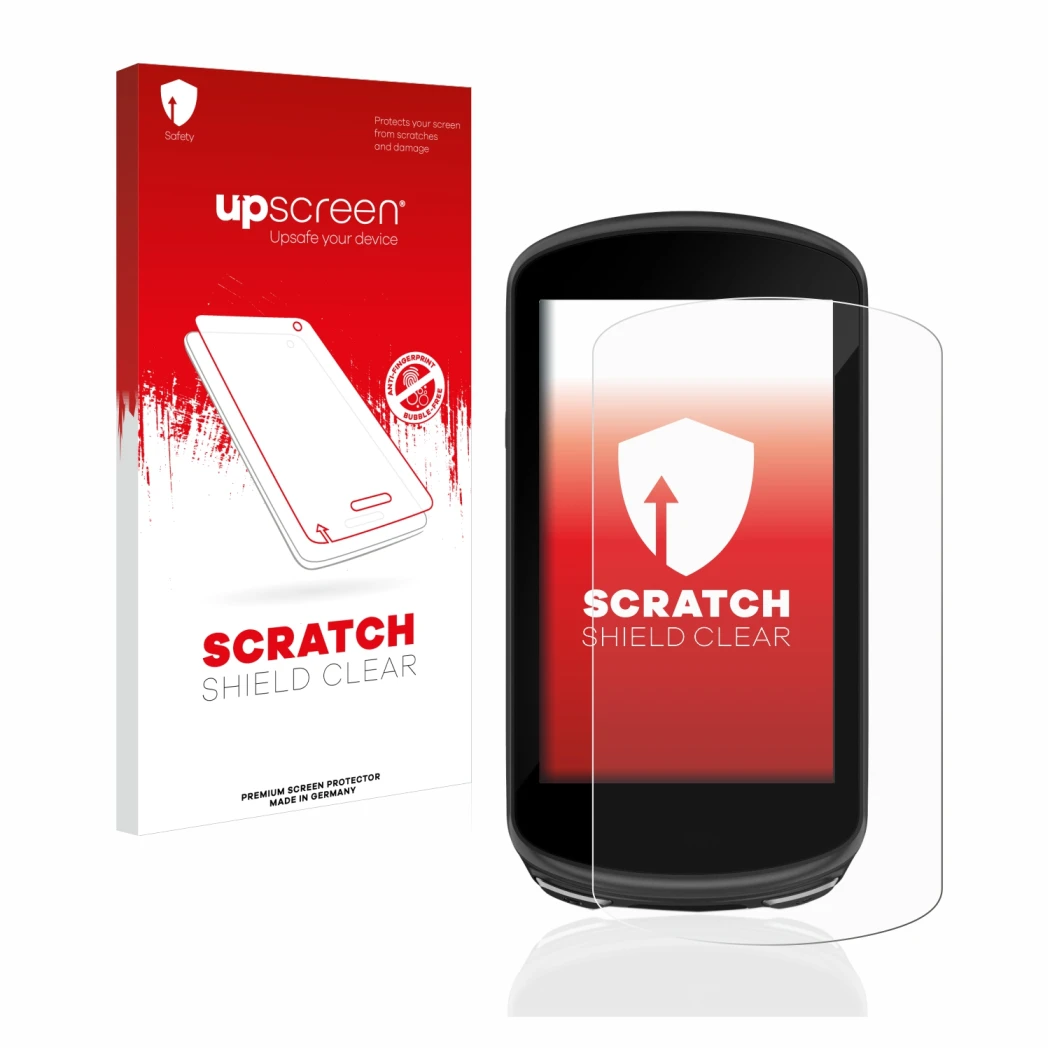 Face avant d’un emballage produit avec le logo de la marque upscreen. À côté, l’appareil Garmin Edge 1030 Plus est représenté