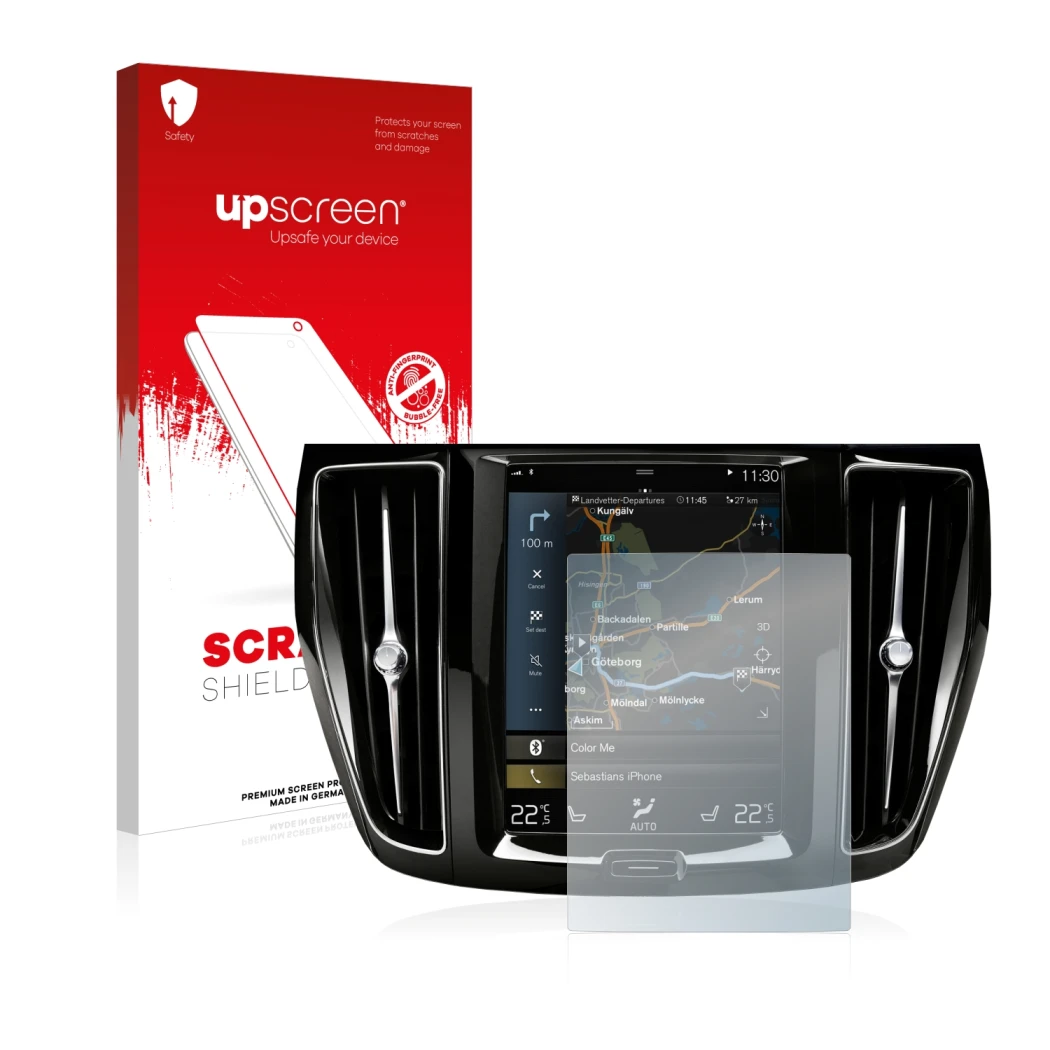 Face avant d’un emballage produit avec le logo de la marque upscreen. À côté, l’appareil Volvo S60 Sensus Connect 2020 est rep