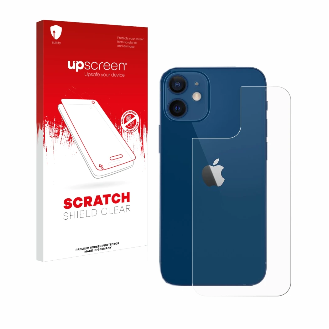 Face avant d’un emballage produit avec le logo de la marque upscreen. À côté, l’appareil Apple iPhone 12 (Arrière) est représe