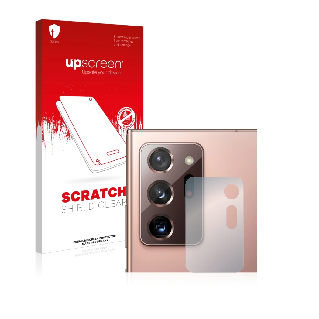Face avant d’un emballage produit avec le logo de la marque upscreen. À côté, l’appareil Samsung Galaxy Note 20 Ultra (Caméra