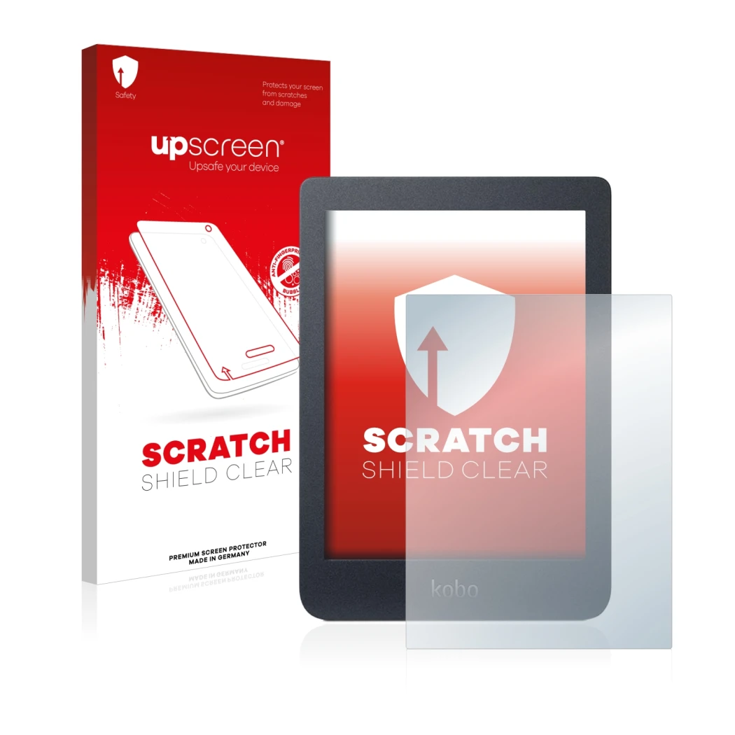 Face avant d’un emballage produit avec le logo de la marque upscreen. À côté, l’appareil Kobo Nia est représenté avec la prote