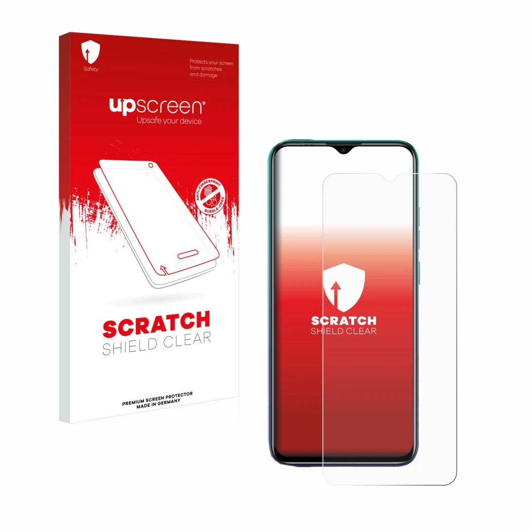 Face avant d’un emballage produit avec le logo de la marque upscreen. À côté, l’appareil Ulefone Note 9P est représenté avec l
