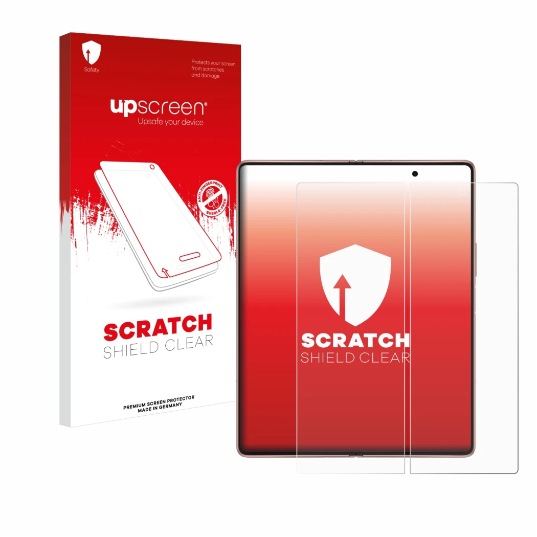 Face avant d’un emballage produit avec le logo de la marque upscreen. À côté, l’appareil Samsung Galaxy Z Fold 2 5G (Affichage