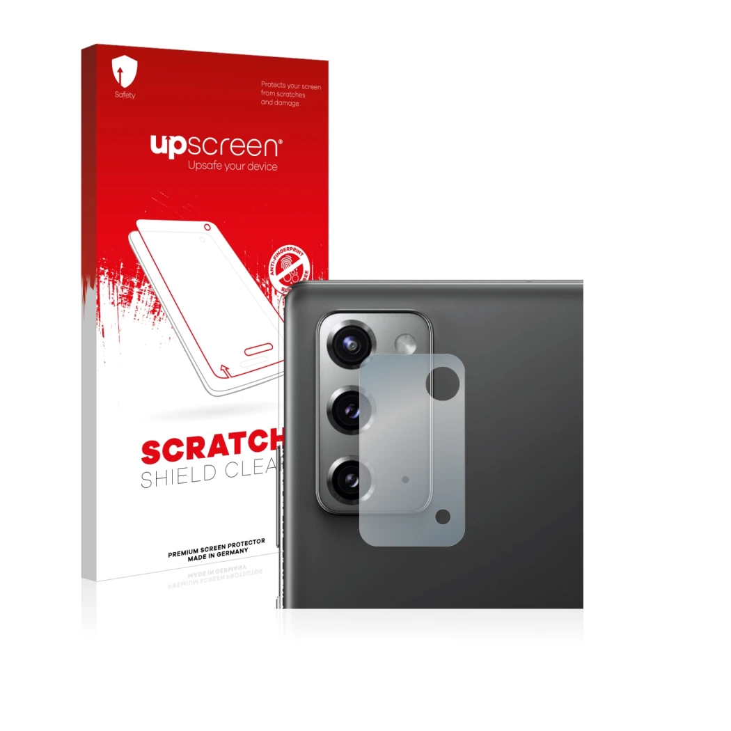 Face avant d’un emballage produit avec le logo de la marque upscreen. À côté, l’appareil Samsung Galaxy Note 20 5G (Caméra UNI