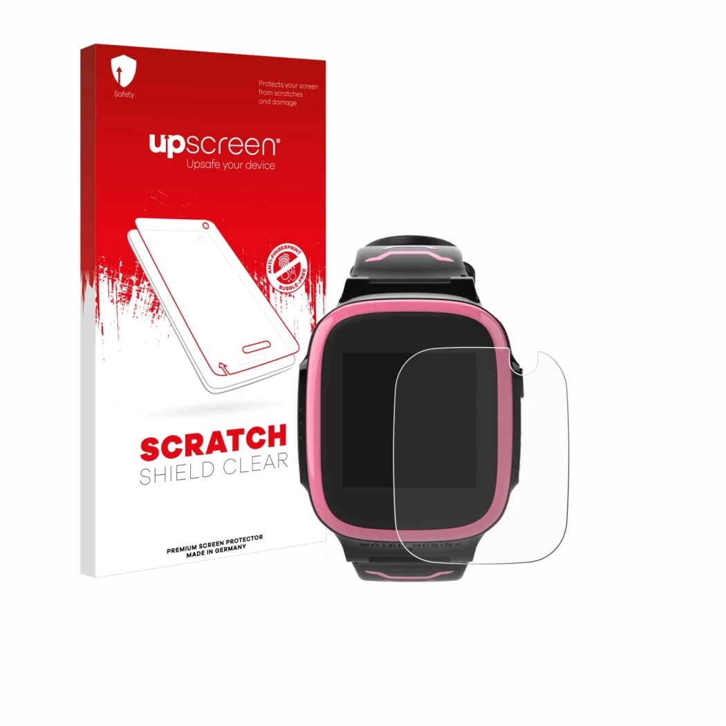 Face avant d’un emballage produit avec le logo de la marque upscreen. À côté, l’appareil Xplora X5 Play est représenté avec la