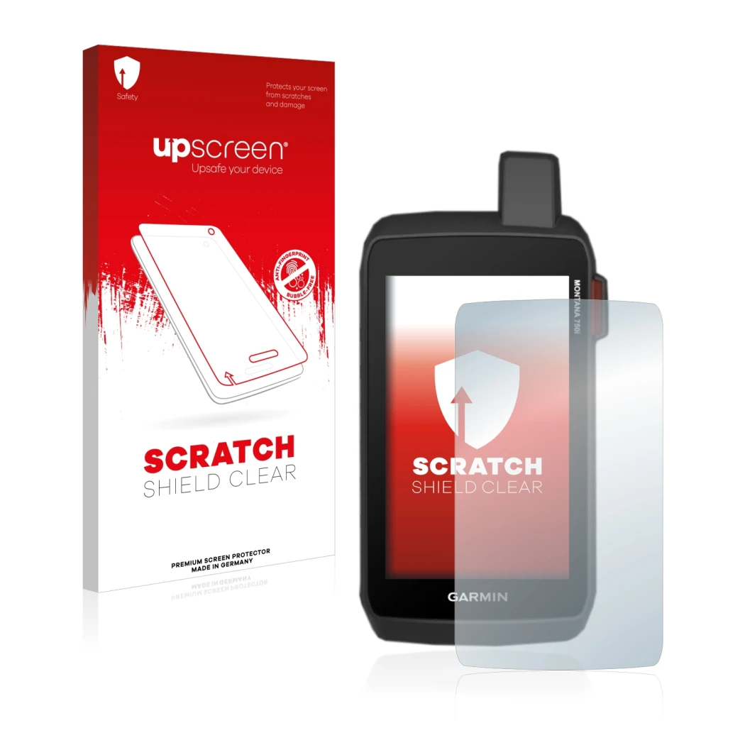 Face avant d’un emballage produit avec le logo de la marque upscreen. À côté, l’appareil Garmin Montana 750i est représenté av