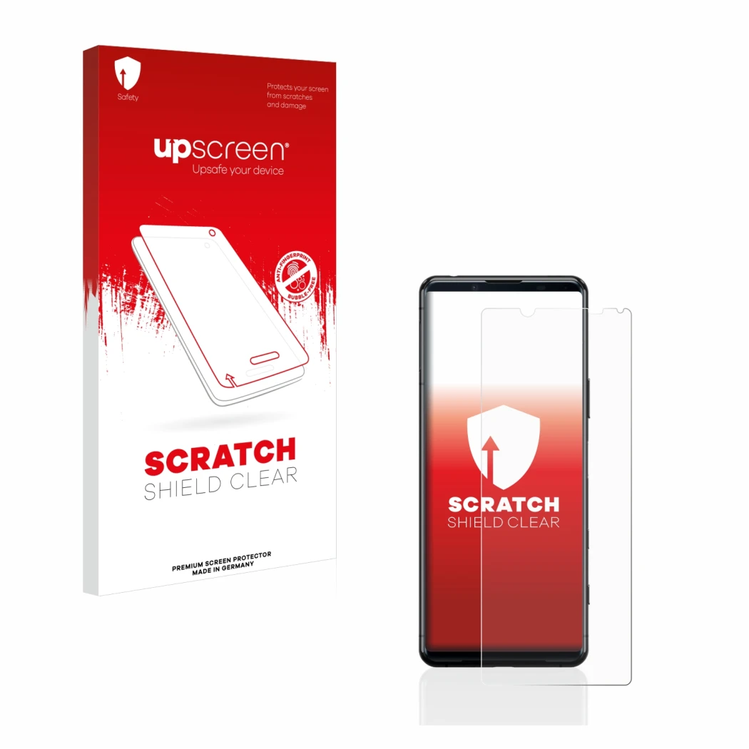 Face avant d’un emballage produit avec le logo de la marque upscreen. À côté, l’appareil Sony Xperia 5 II est représenté avec