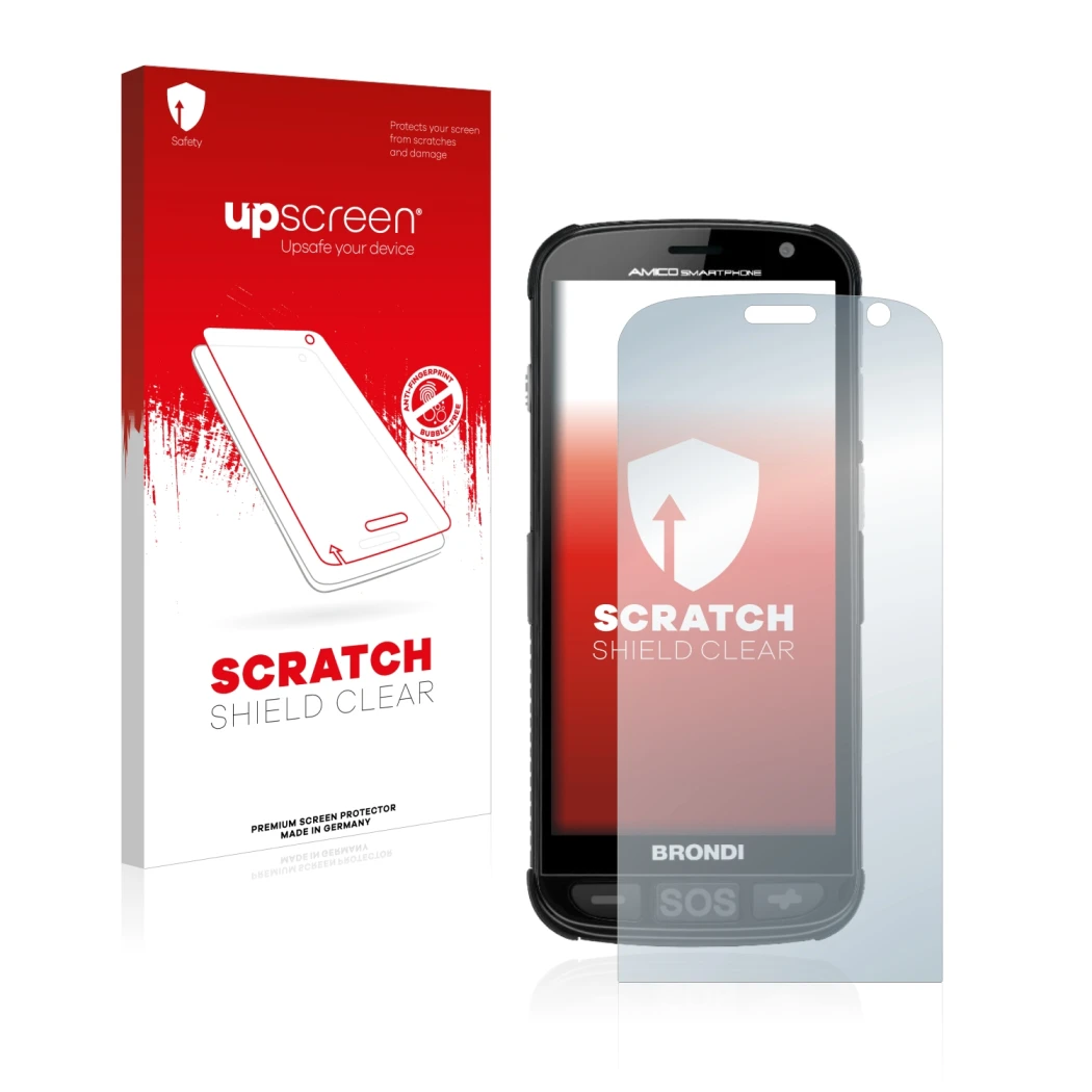 Face avant d’un emballage produit avec le logo de la marque upscreen. À côté, l’appareil Brondi Amico est représenté avec la p