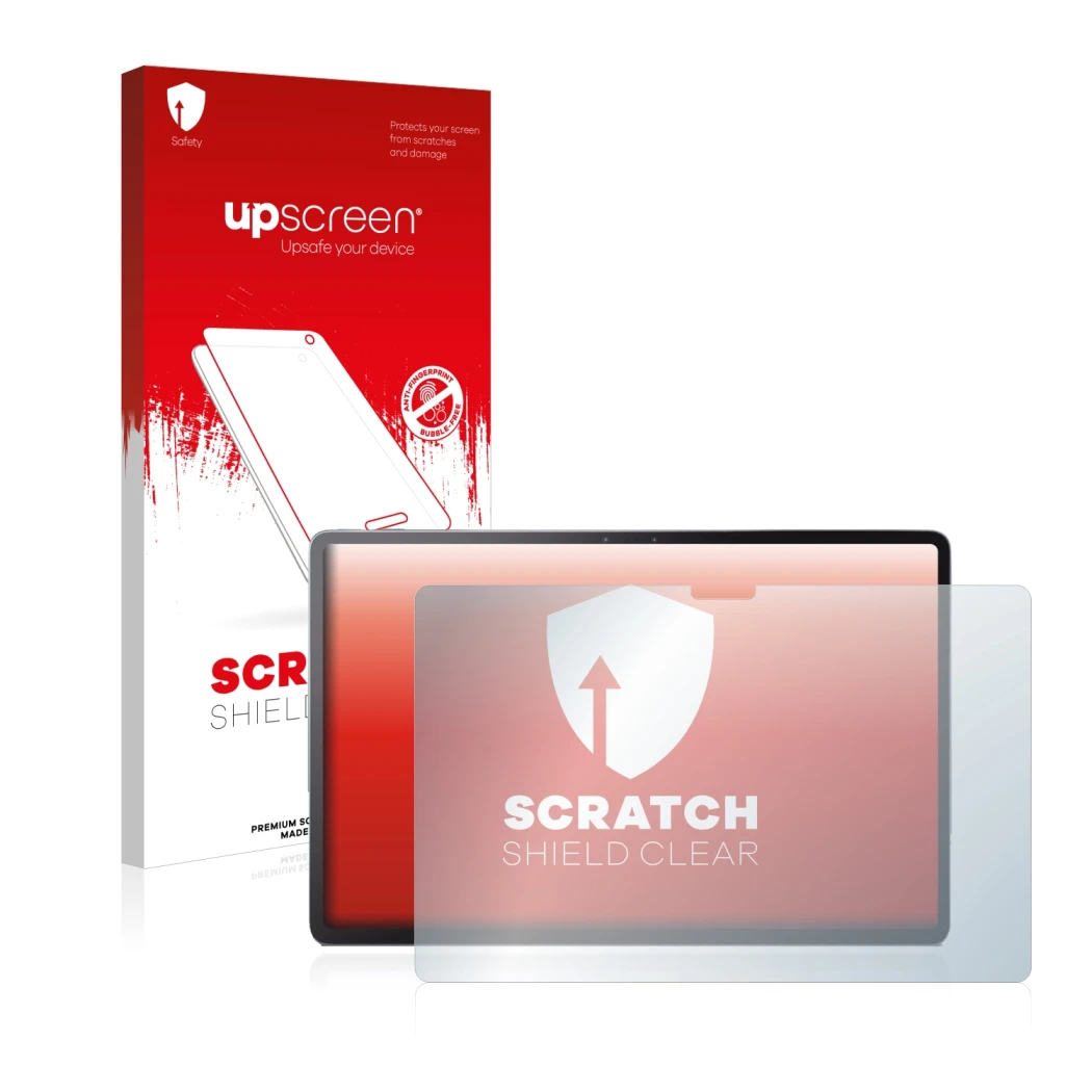 Face avant d’un emballage produit avec le logo de la marque upscreen. À côté, l’appareil Lenovo Tab P11 Pro est représenté ave