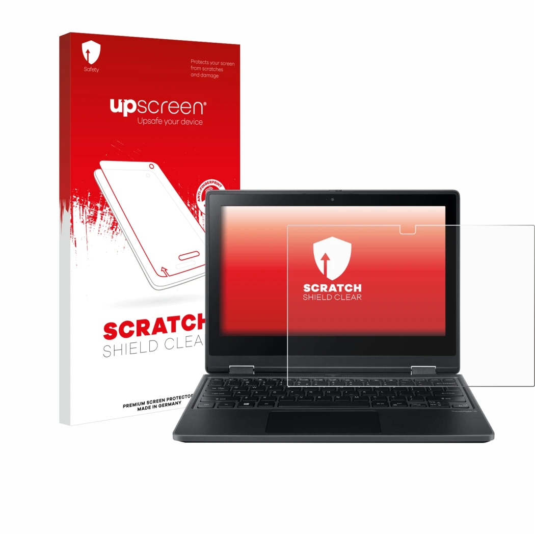 Face avant d’un emballage produit avec le logo de la marque upscreen. À côté, l’appareil Acer TravelMate Spin B3 est représent