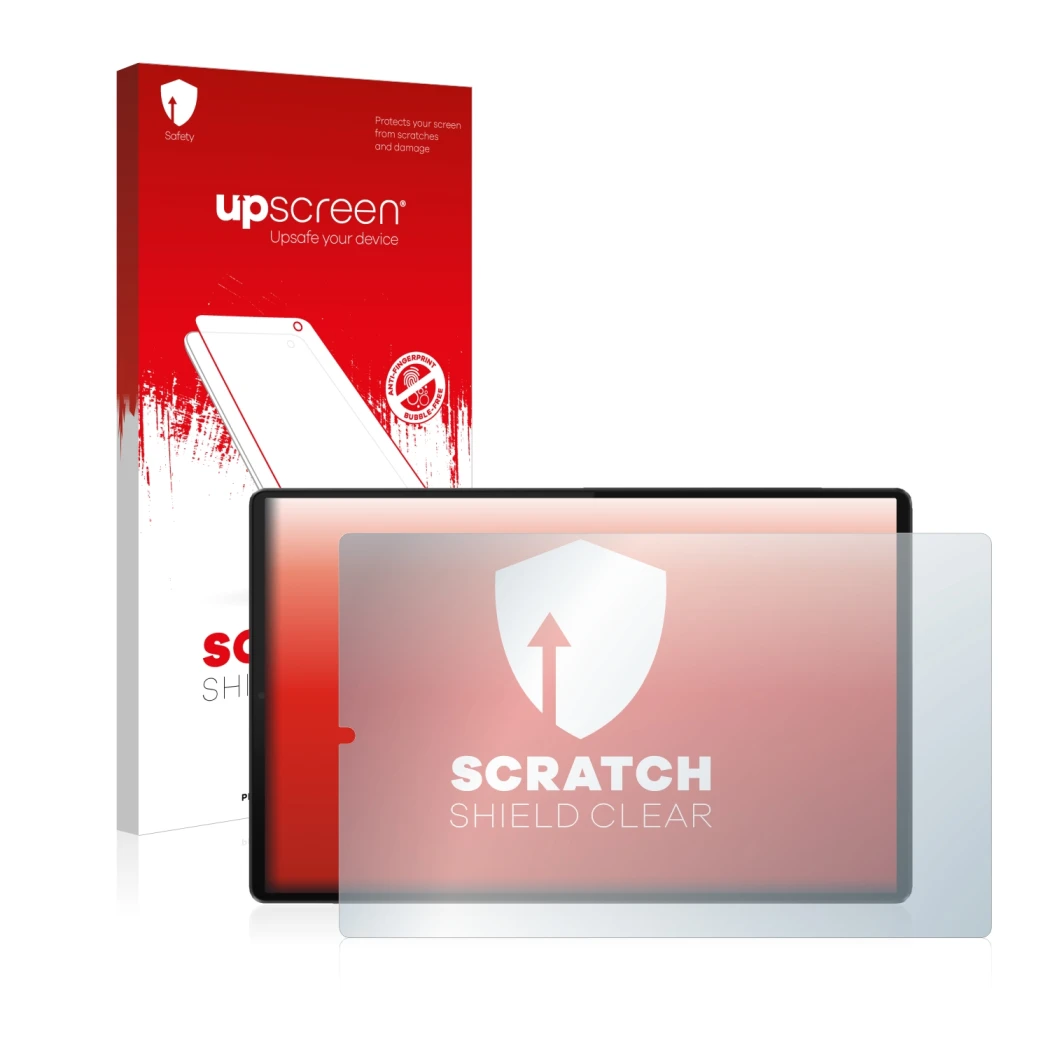 Face avant d’un emballage produit avec le logo de la marque upscreen. À côté, l’appareil Lenovo Tab M10 FHD Plus (en paysage)