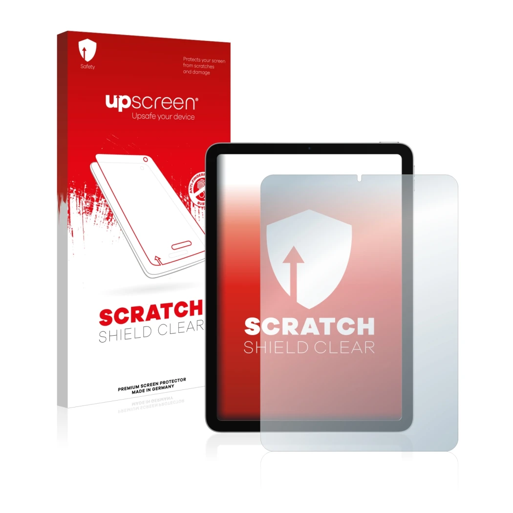 Face avant d’un emballage produit avec le logo de la marque upscreen. À côté, l’appareil Apple iPad Air 4 2020 (4ème Gen.) est