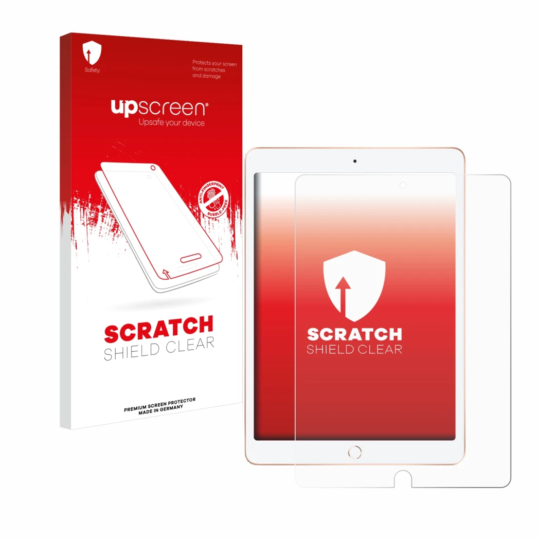 Face avant d’un emballage produit avec le logo de la marque upscreen. À côté, l’appareil Apple iPad 10.2
