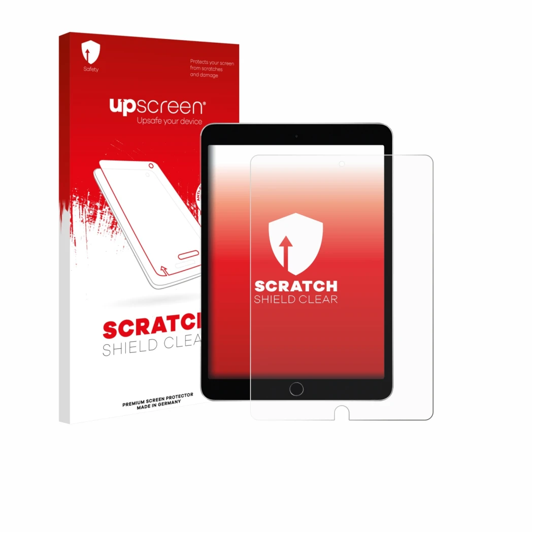 Face avant d’un emballage produit avec le logo de la marque upscreen. À côté, l’appareil Apple iPad 10.2
