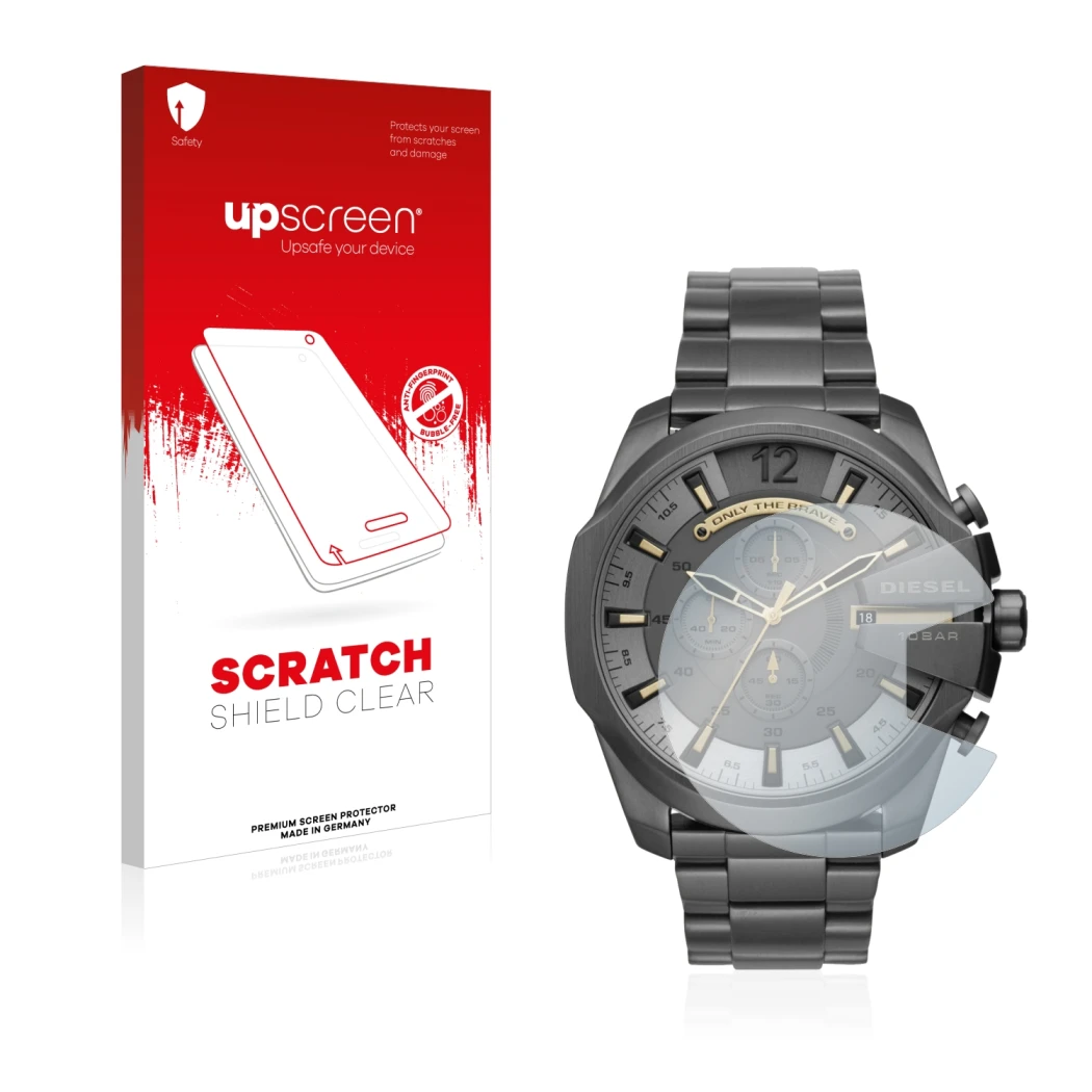 Face avant d’un emballage produit avec le logo de la marque upscreen. À côté, l’appareil Diesel Chronograph DZ4466 est représe