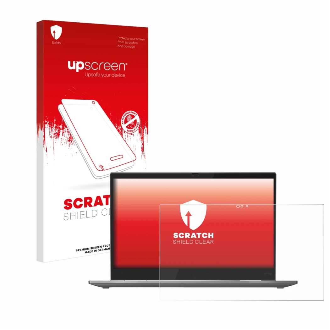 Face avant d’un emballage produit avec le logo de la marque upscreen. À côté, l’appareil Lenovo ThinkPad X1 Yoga (5ème Gen.) e