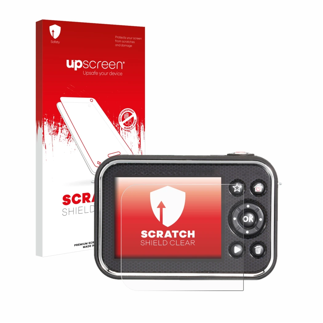 Face avant d’un emballage produit avec le logo de la marque upscreen. À côté, l’appareil Vtech Kidizoom Video Studio HD est re