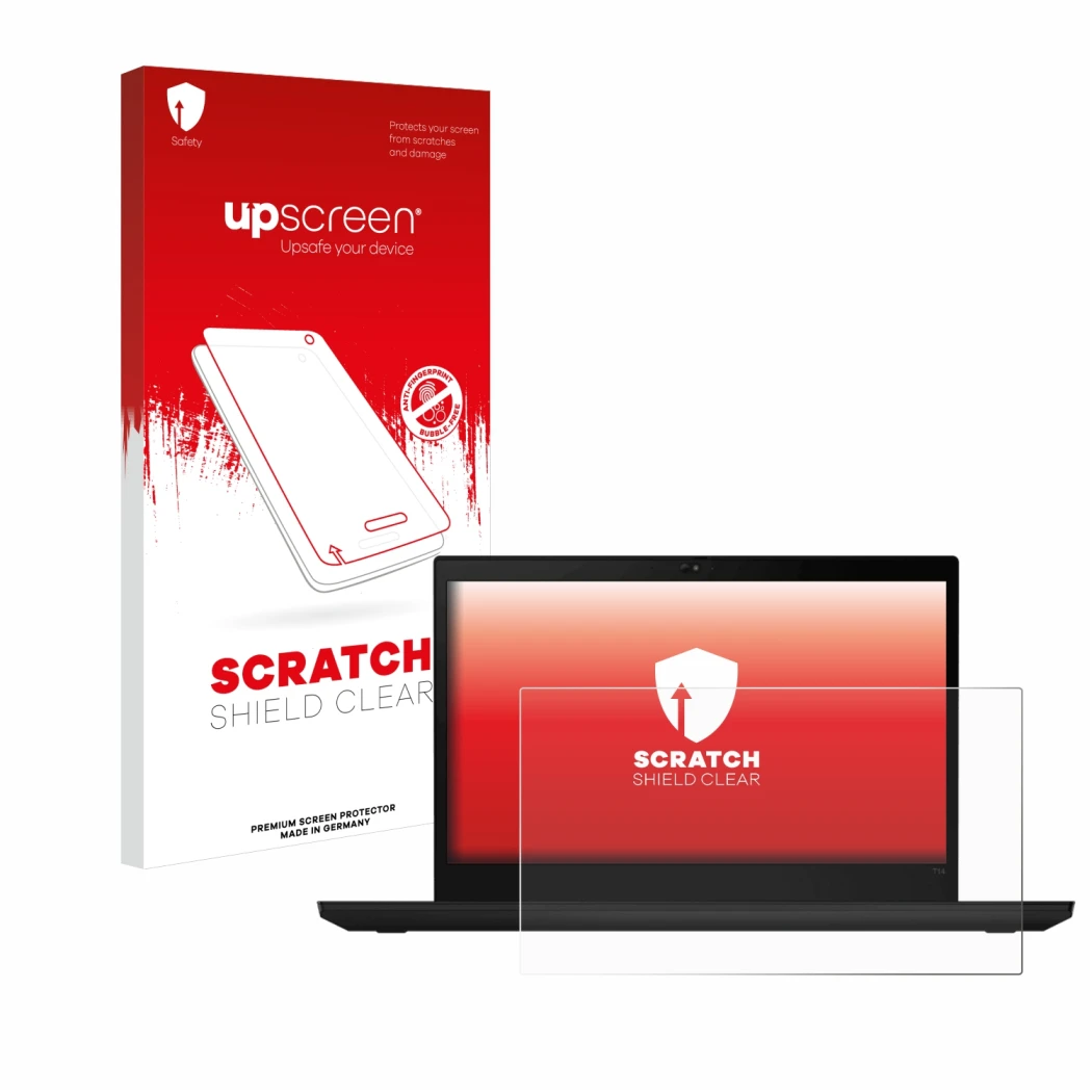 Face avant d’un emballage produit avec le logo de la marque upscreen. À côté, l’appareil Lenovo ThinkPad T14 Gen 1 est représe