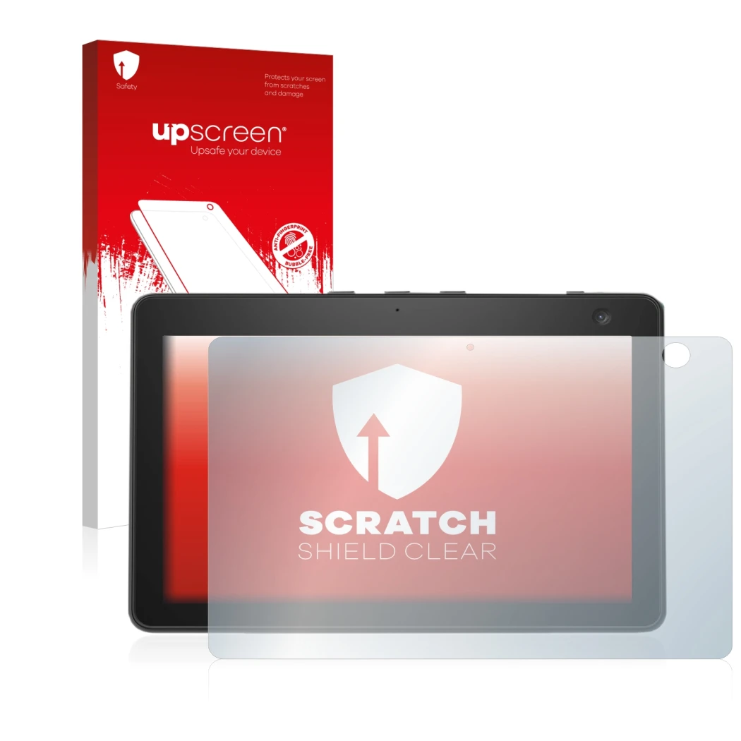 Face avant d’un emballage produit avec le logo de la marque upscreen. À côté, l’appareil Amazon Echo Show 10 (3ème Gen.) est r