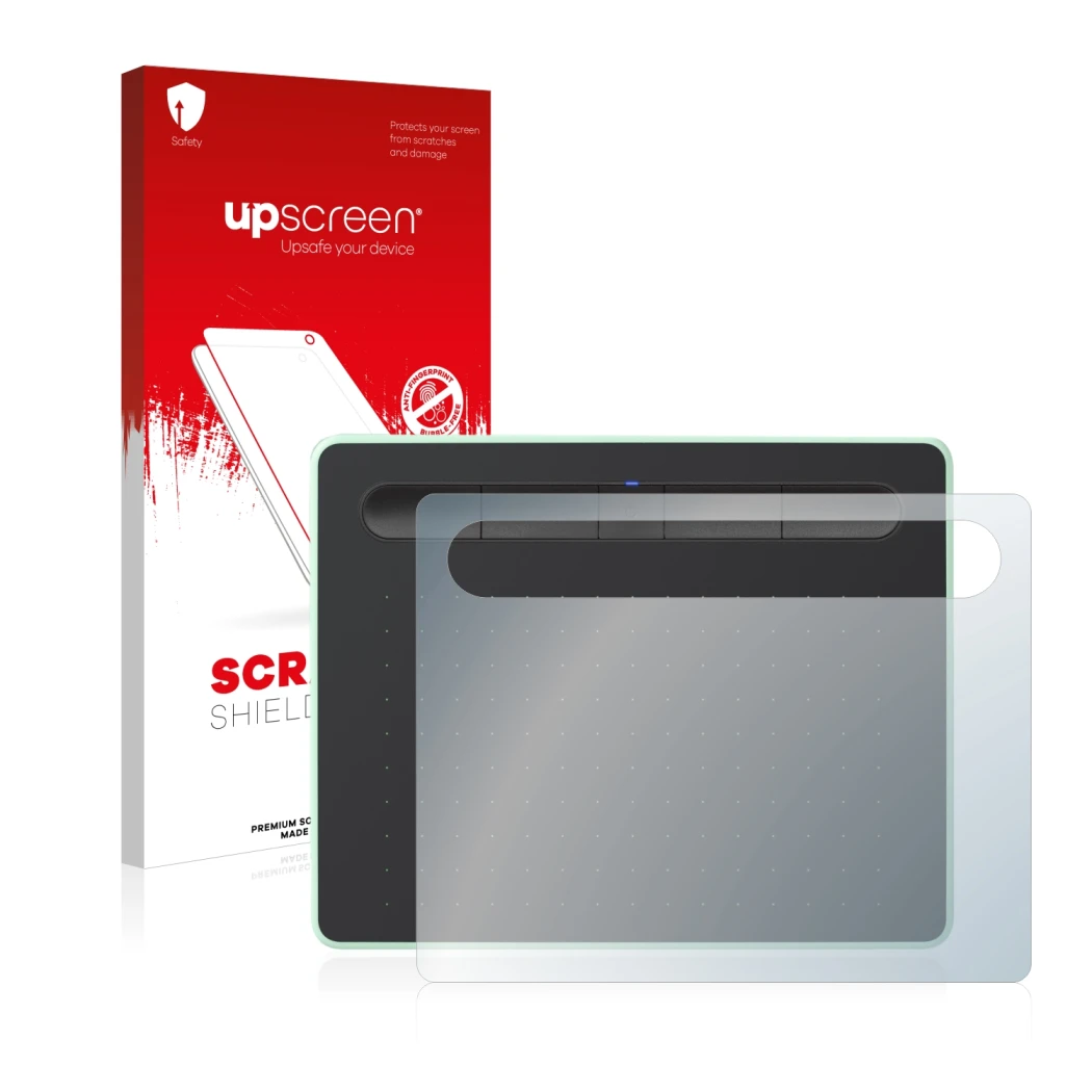 Face avant d’un emballage produit avec le logo de la marque upscreen. À côté, l’appareil Wacom Intuos S Bluetooth est représen