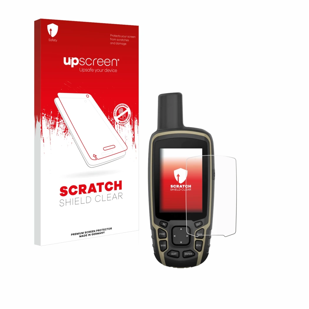Face avant d’un emballage produit avec le logo de la marque upscreen. À côté, l’appareil Garmin GPSMAP 65 est représenté avec 