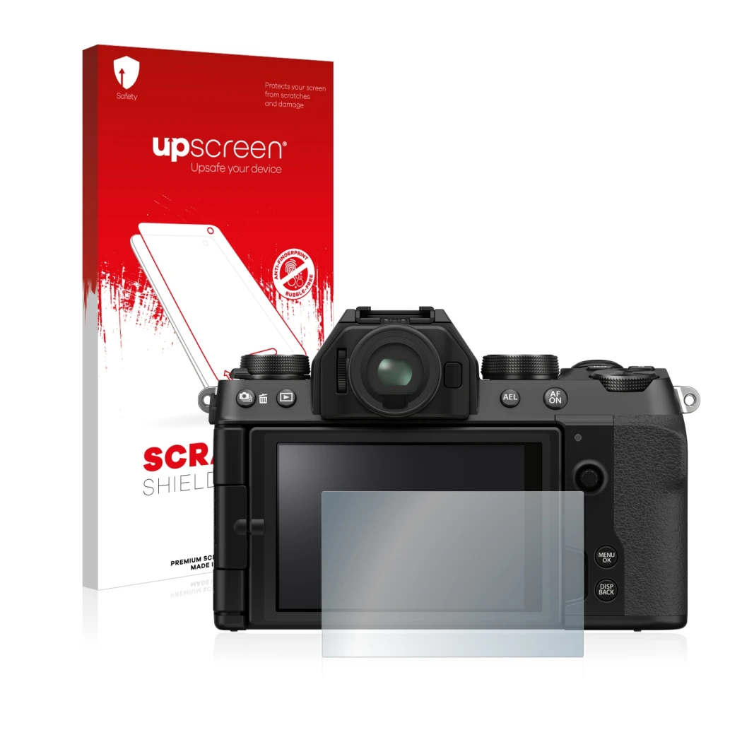 Face avant d’un emballage produit avec le logo de la marque upscreen. À côté, l’appareil Fujifilm X-S10 est représenté avec la