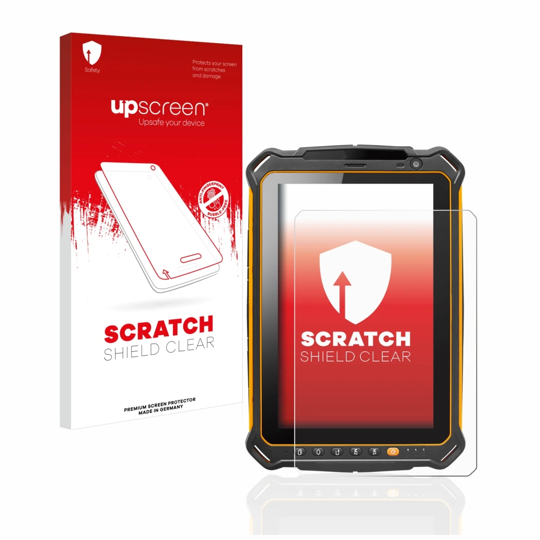 Face avant d’un emballage produit avec le logo de la marque upscreen. À côté, l’appareil i.safe MOBILE IS930.2 est représenté 