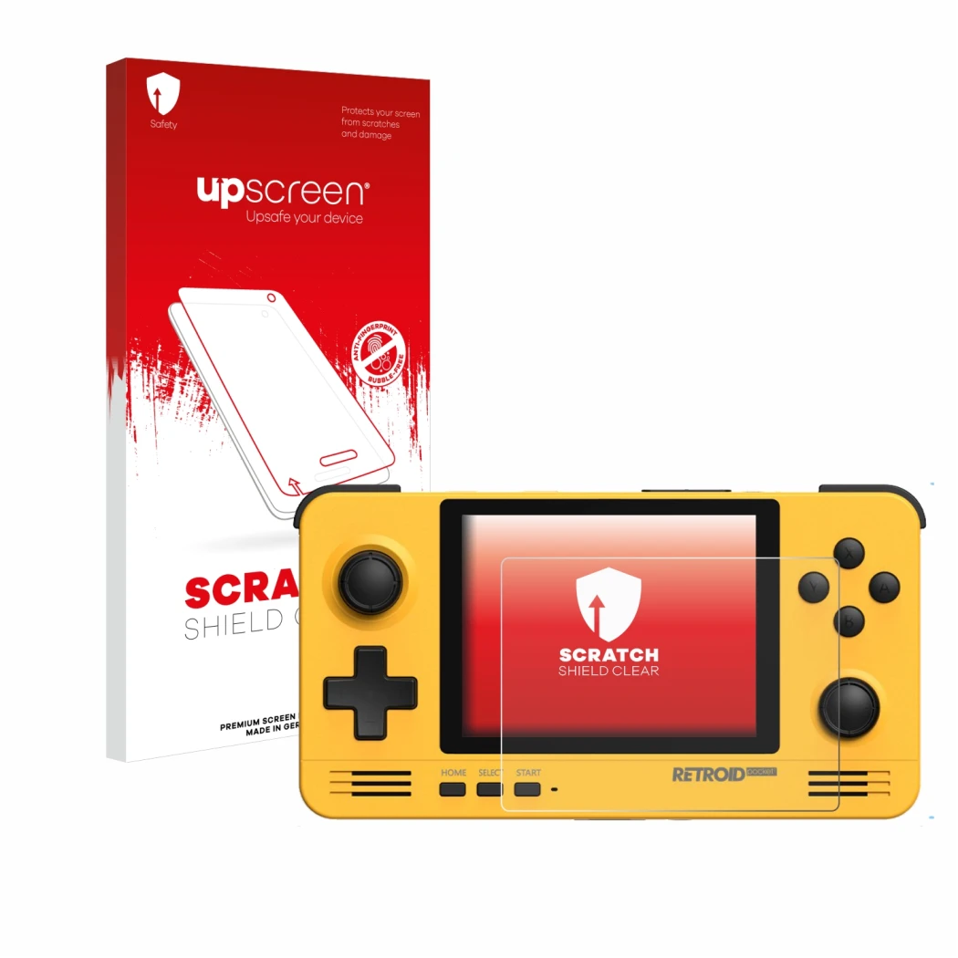 Face avant d’un emballage produit avec le logo de la marque upscreen. À côté, l’appareil Retroid Pocket 2 est représenté avec