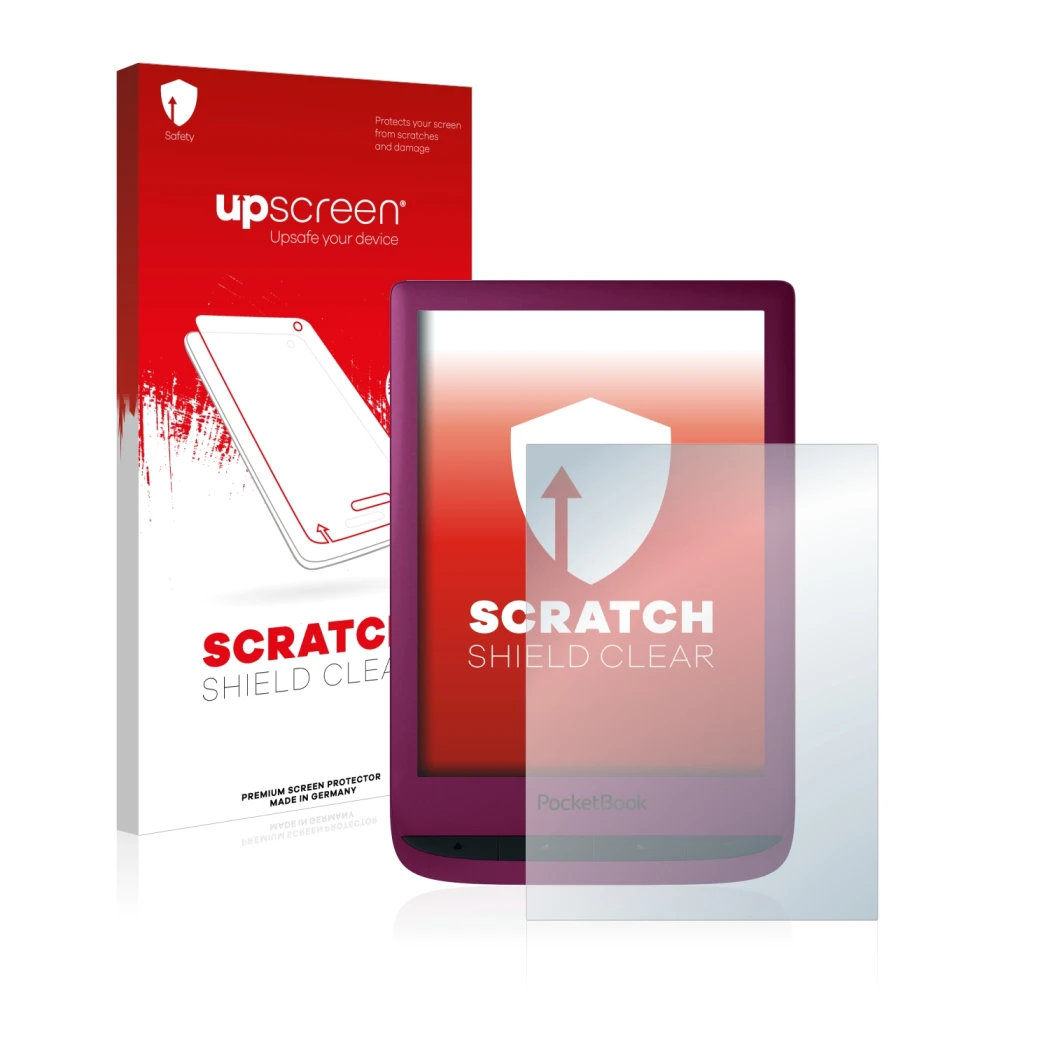 Face avant d’un emballage produit avec le logo de la marque upscreen. À côté, l’appareil PocketBook Touch Lux 5 est représenté