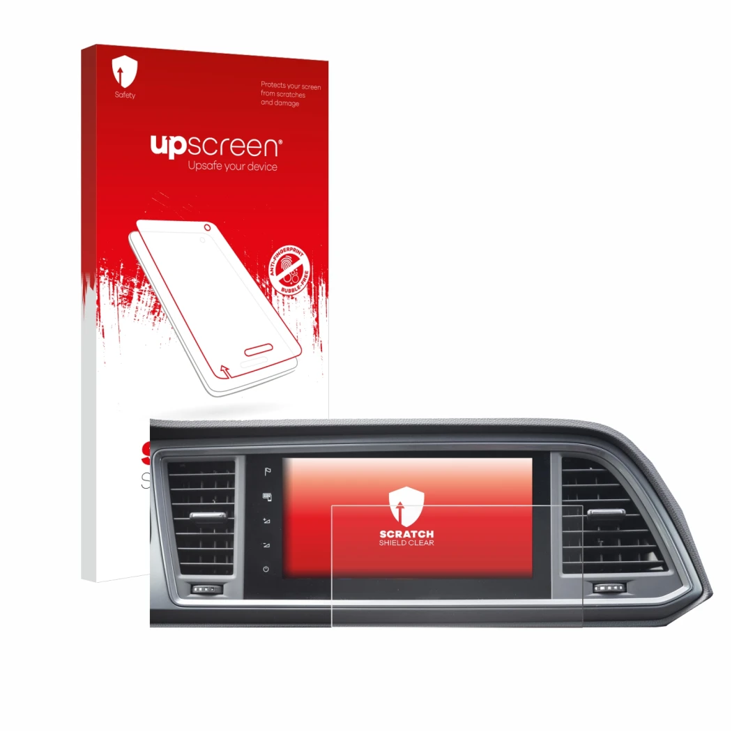 Face avant d’un emballage produit avec le logo de la marque upscreen. À côté, l’appareil Seat Cupra Ateca Facelift 2021 MiB 3